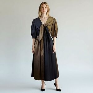 Crosby by Mollie Burch Colorblock Dress Tie Front Puff Sleeve Black Dress Small